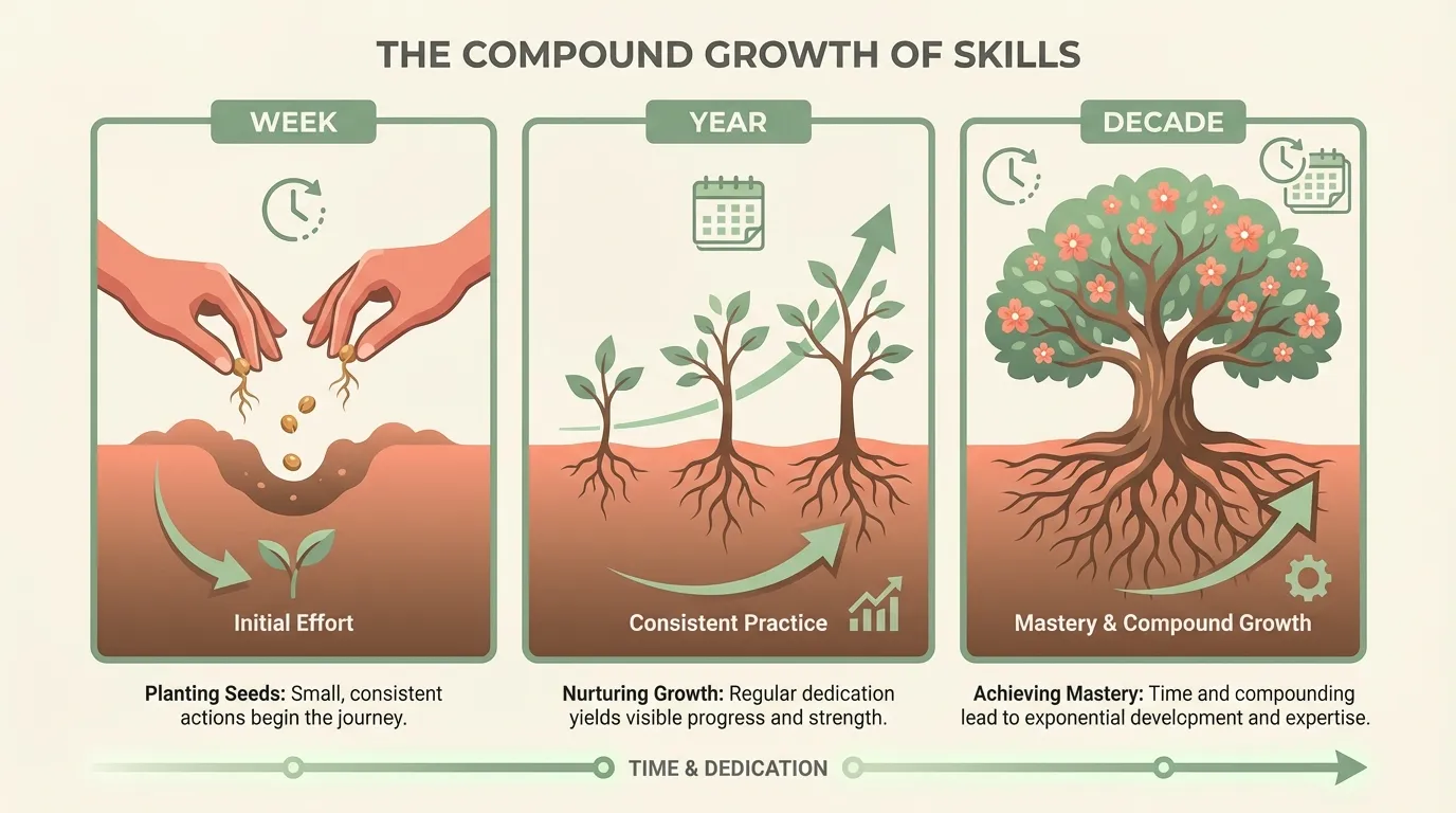 A visual showing small daily actions building into massive long-term growth, like a staircase rising through clouds