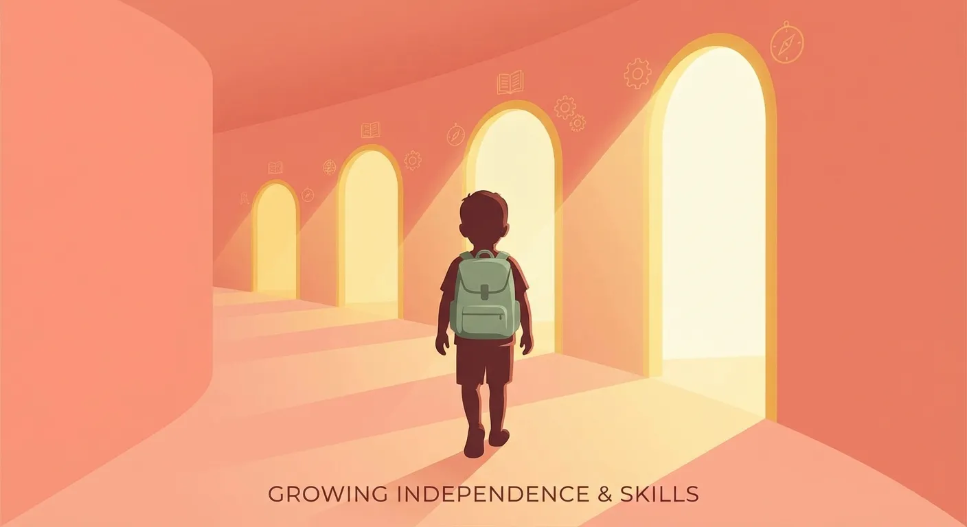 A child walking through a series of opening doors, each one leading to a brighter space