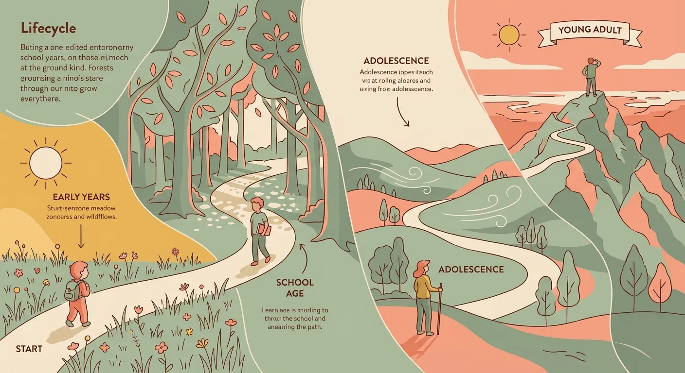 Four stages of a child's journey from small child to confident young adult, illustrated as a winding path through changing landscapes