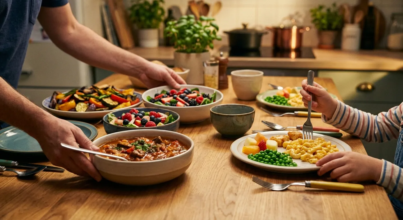 Overhead view of a dinner table showing parent preparing food on one side and a child freely eating on the other