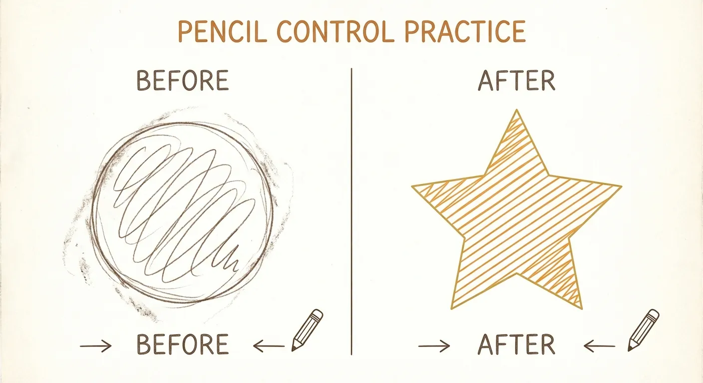 Before and after comparison showing pencil control improvement from messy to precise
