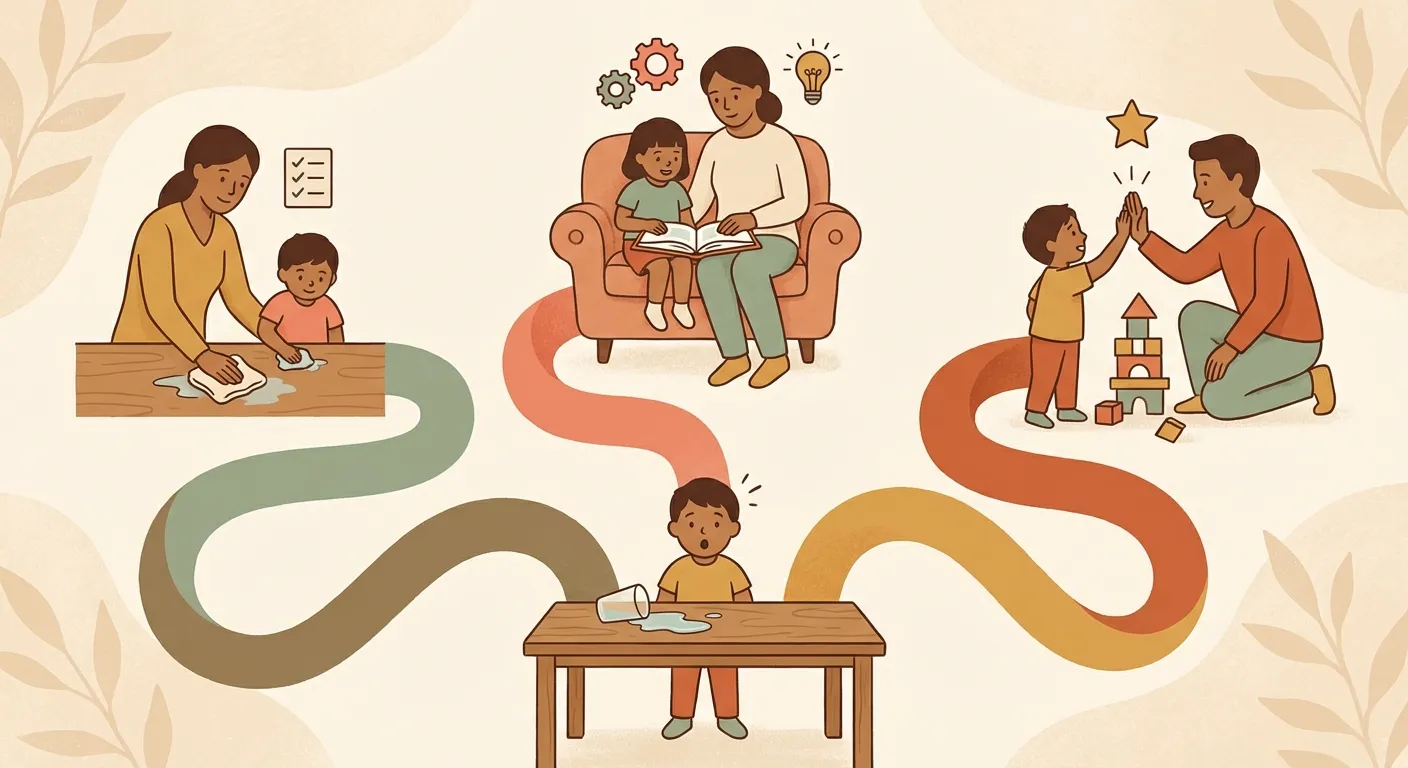 Three branching paths from a child's mistake, each leading to a different kind of growth