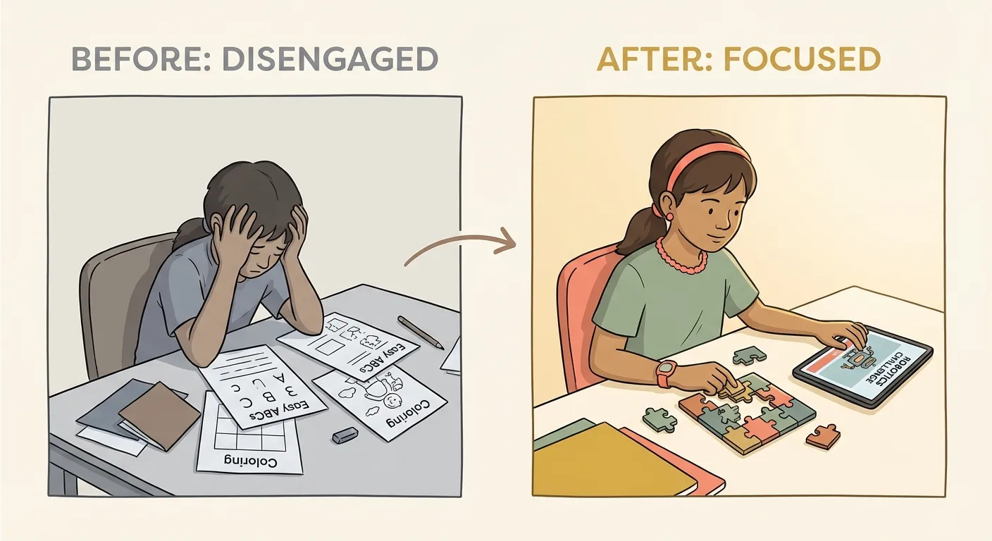 Before and after: a bored child transforms into an engaged, energized learner when the challenge level is right