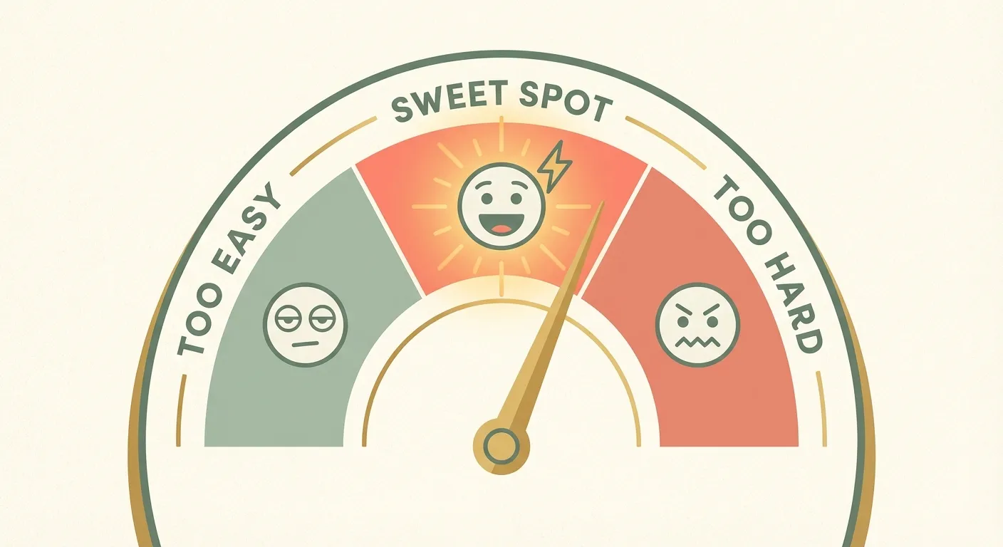 Difficulty gauge showing the sweet spot between too easy (boredom) and too hard (frustration)