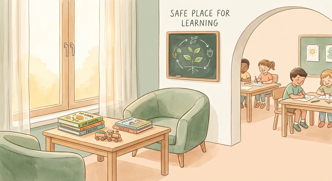 A cozy corner setup with a comfortable armchair by a window, toys on a small table, other children working happily in the background