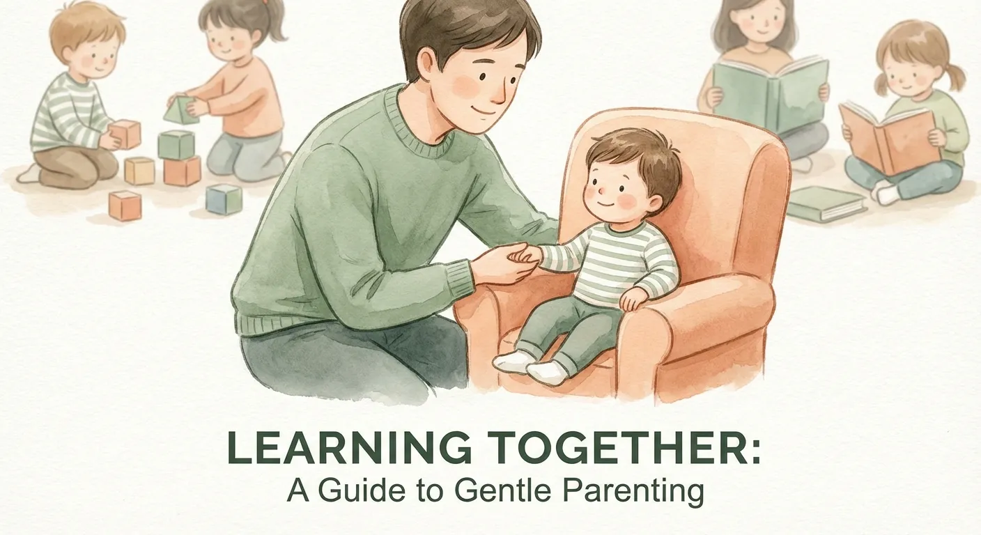 A parent kneeling beside a child in a comfortable chair, giving warm attention