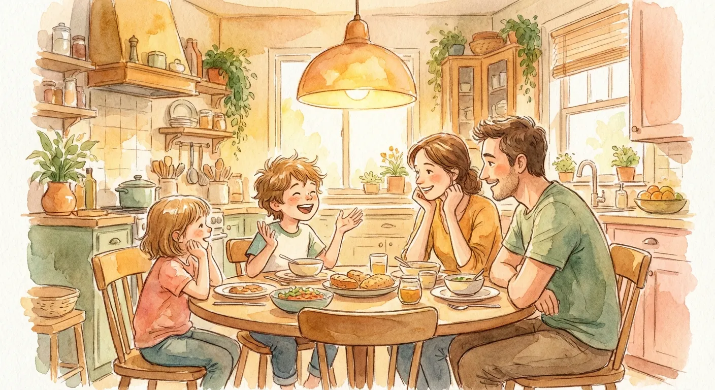 Family gathered around dinner table in warm conversation