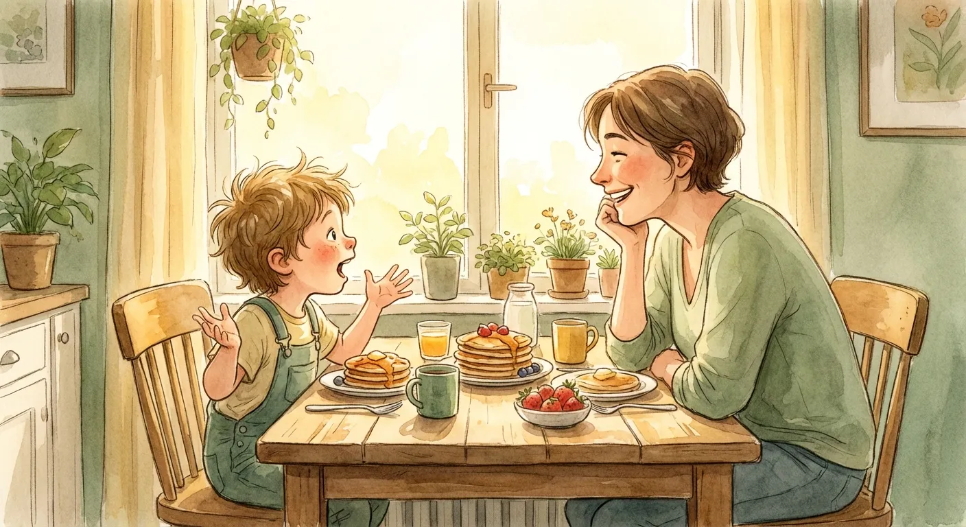 Parent and child in animated breakfast conversation
