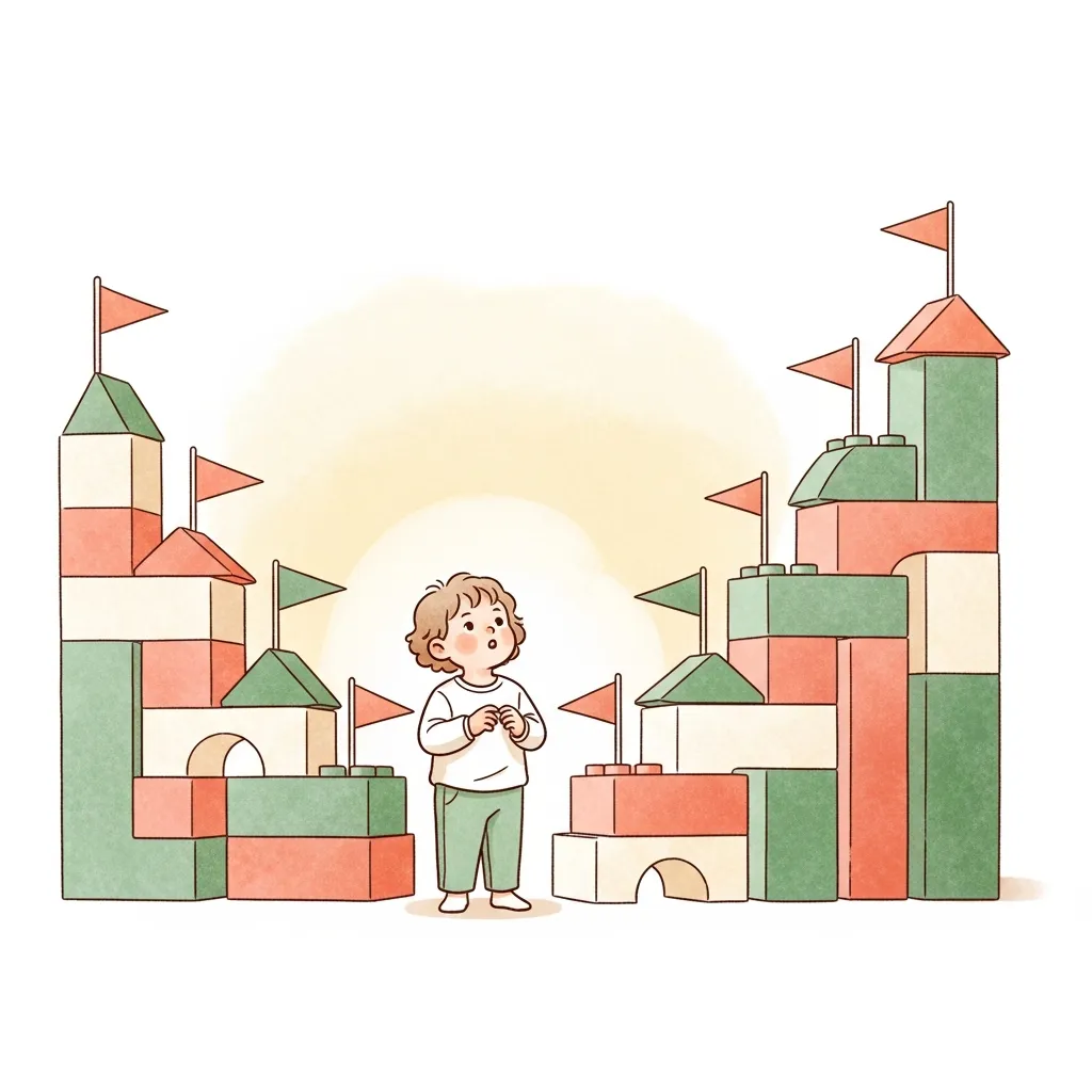 A child looking up a colorful staircase of building blocks with small flags on each step
