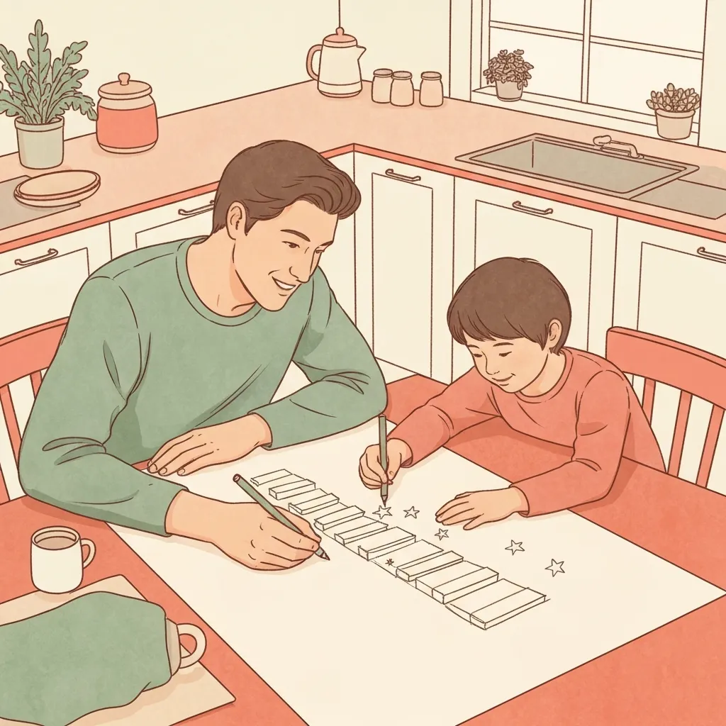 A parent and child drawing a staircase plan together at a table