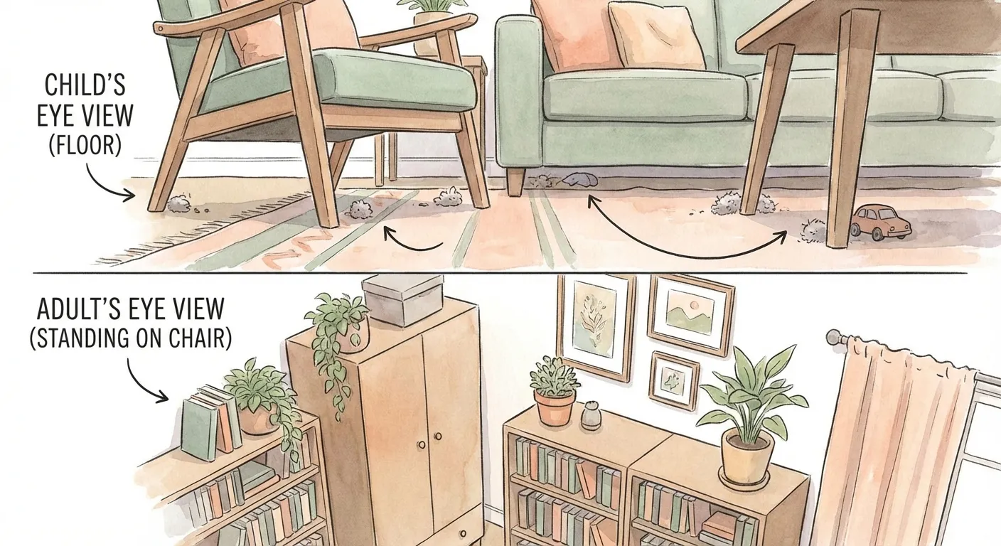 Split view showing a room from floor level and from standing on a chair