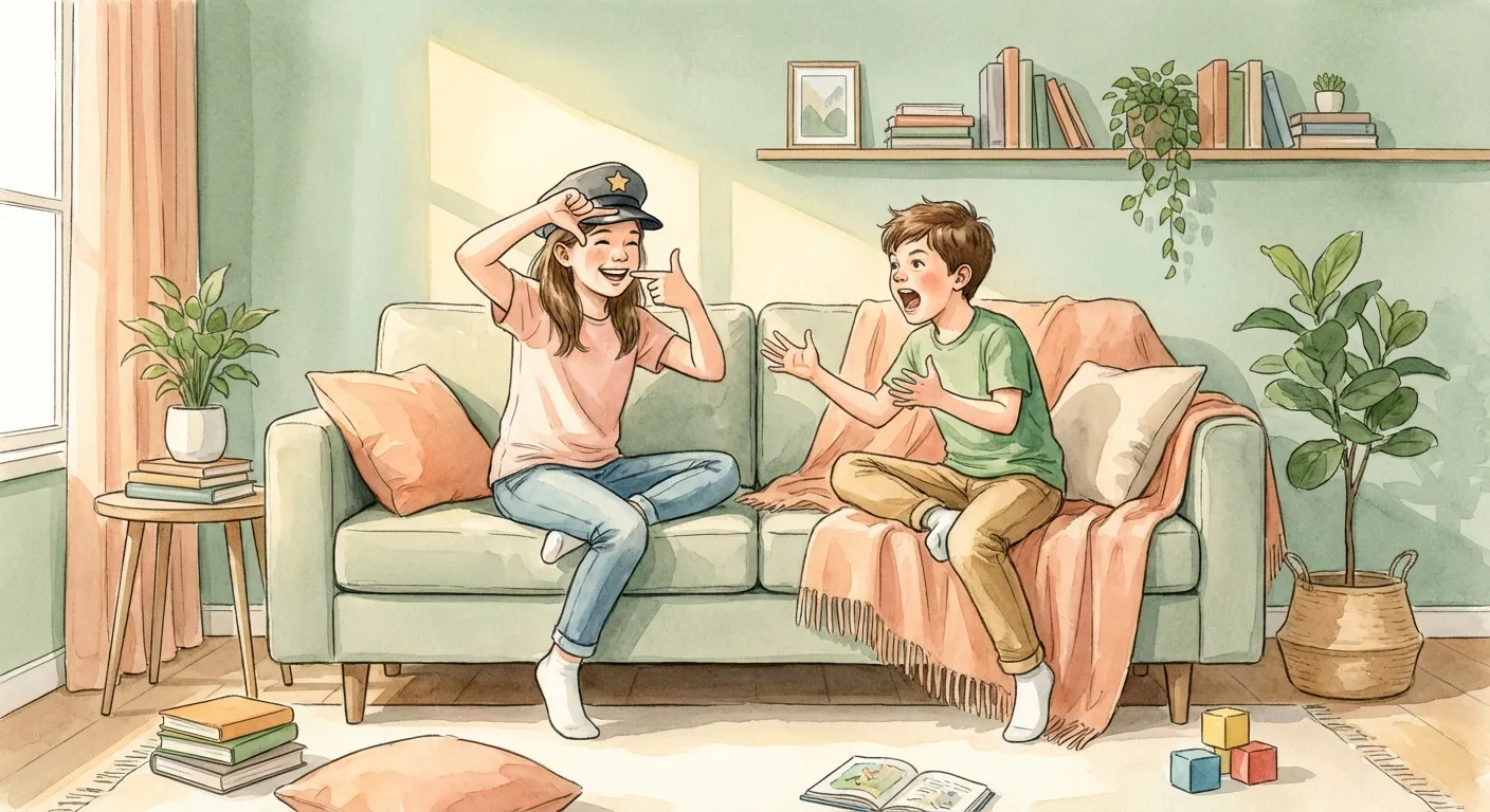 Two kids acting out a scene like movie directors, laughing on the couch