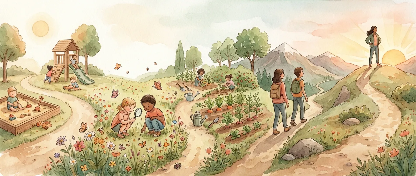 A parent and child walking through changing landscapes, the child growing taller as the parent's role shifts from leading to walking alongside