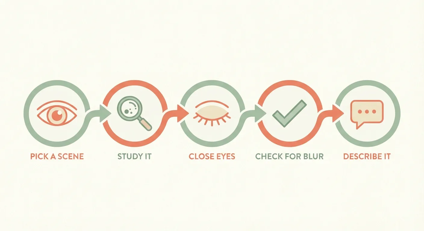 Five-step diagram: Pick a scene, Study it, Close eyes, Check for blur, Describe it