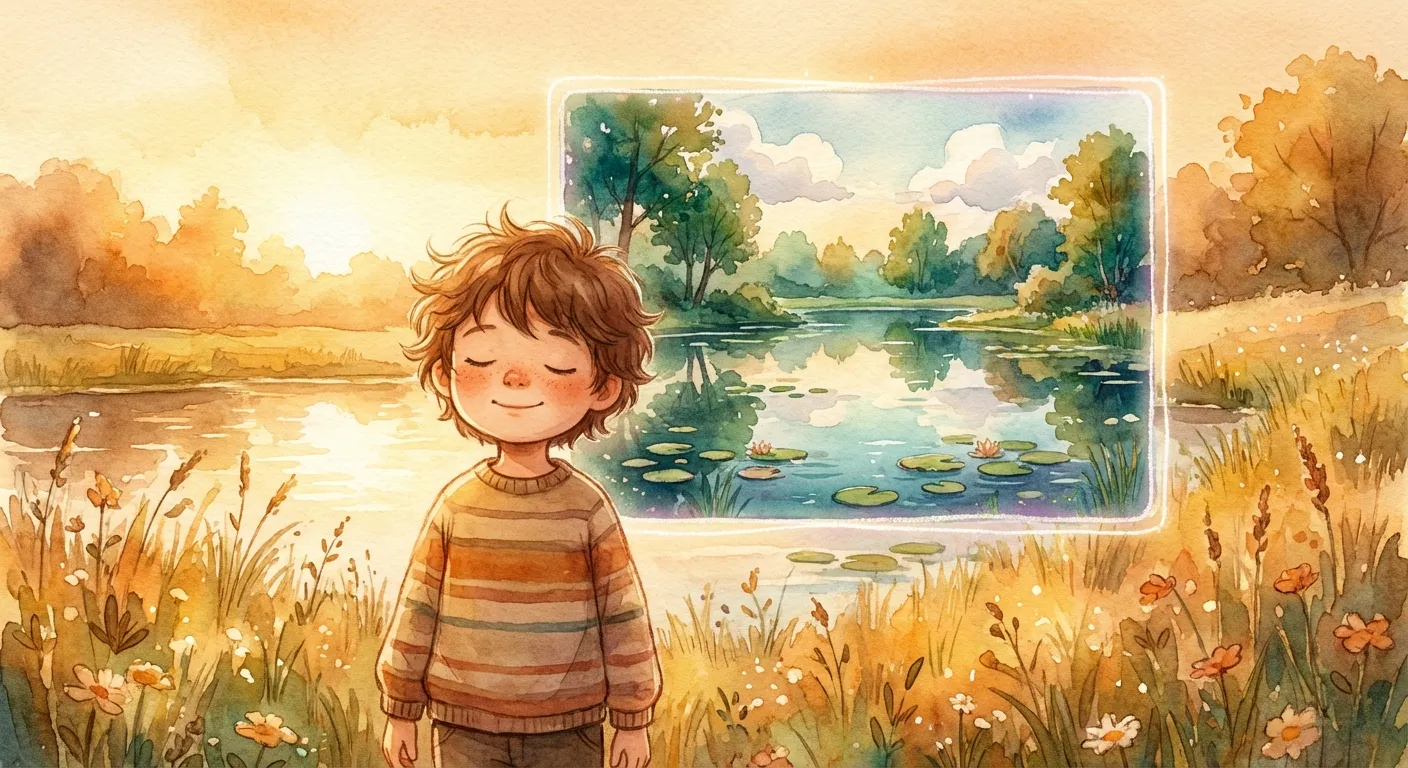 A child standing in a sunlit meadow with eyes closed, mentally capturing the scene around them