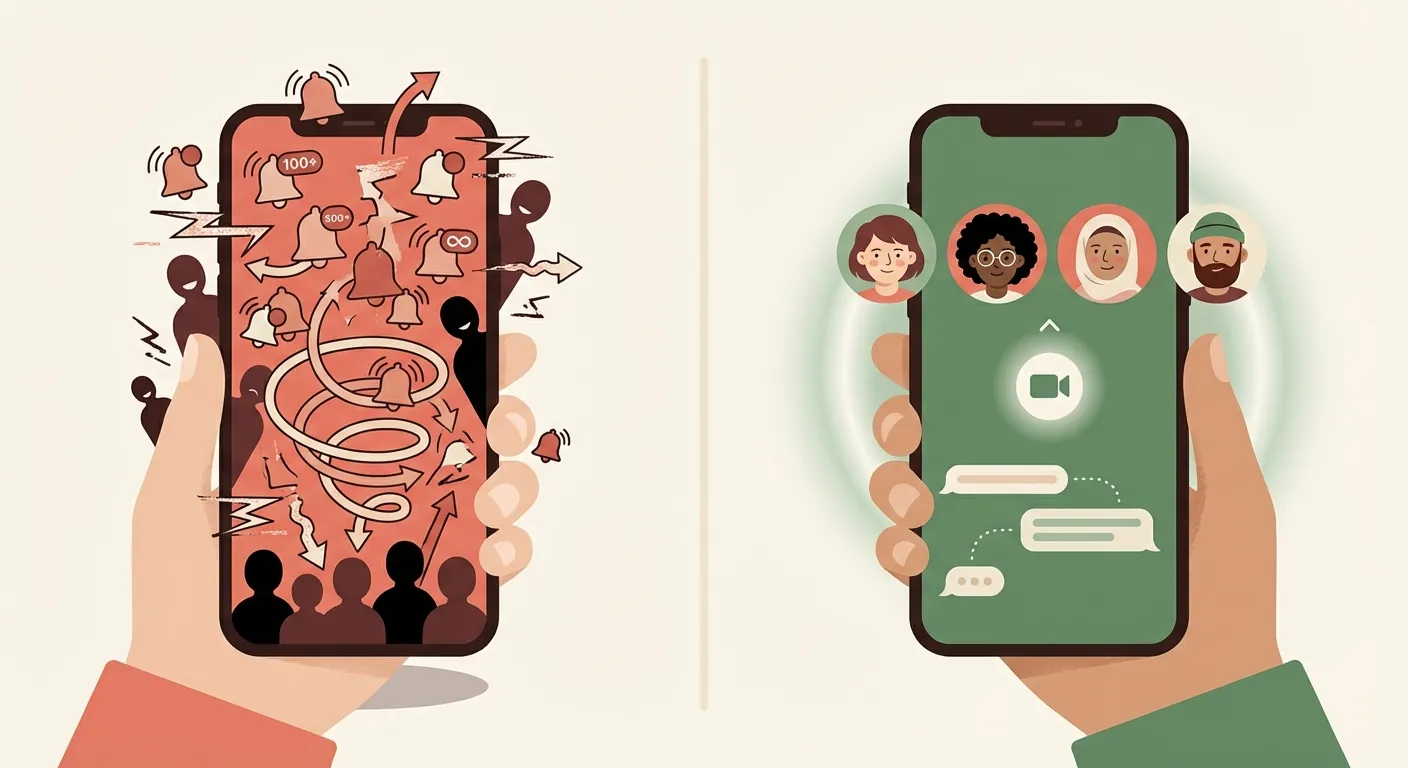 Side-by-side comparison: a trap-heavy platform screen versus a clean, connection-focused alternative