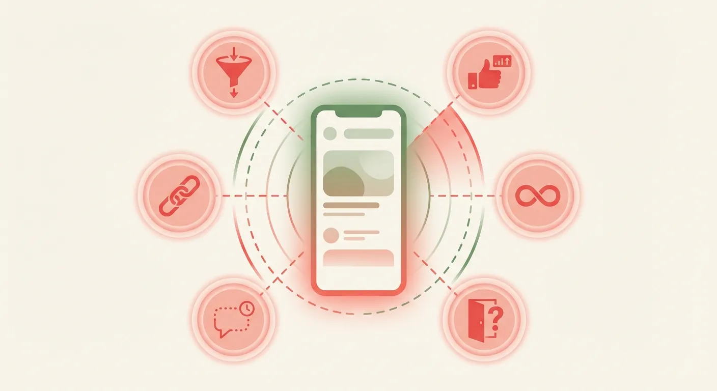 Six design trap indicators surrounding a smartphone — the patterns to scan for in any platform