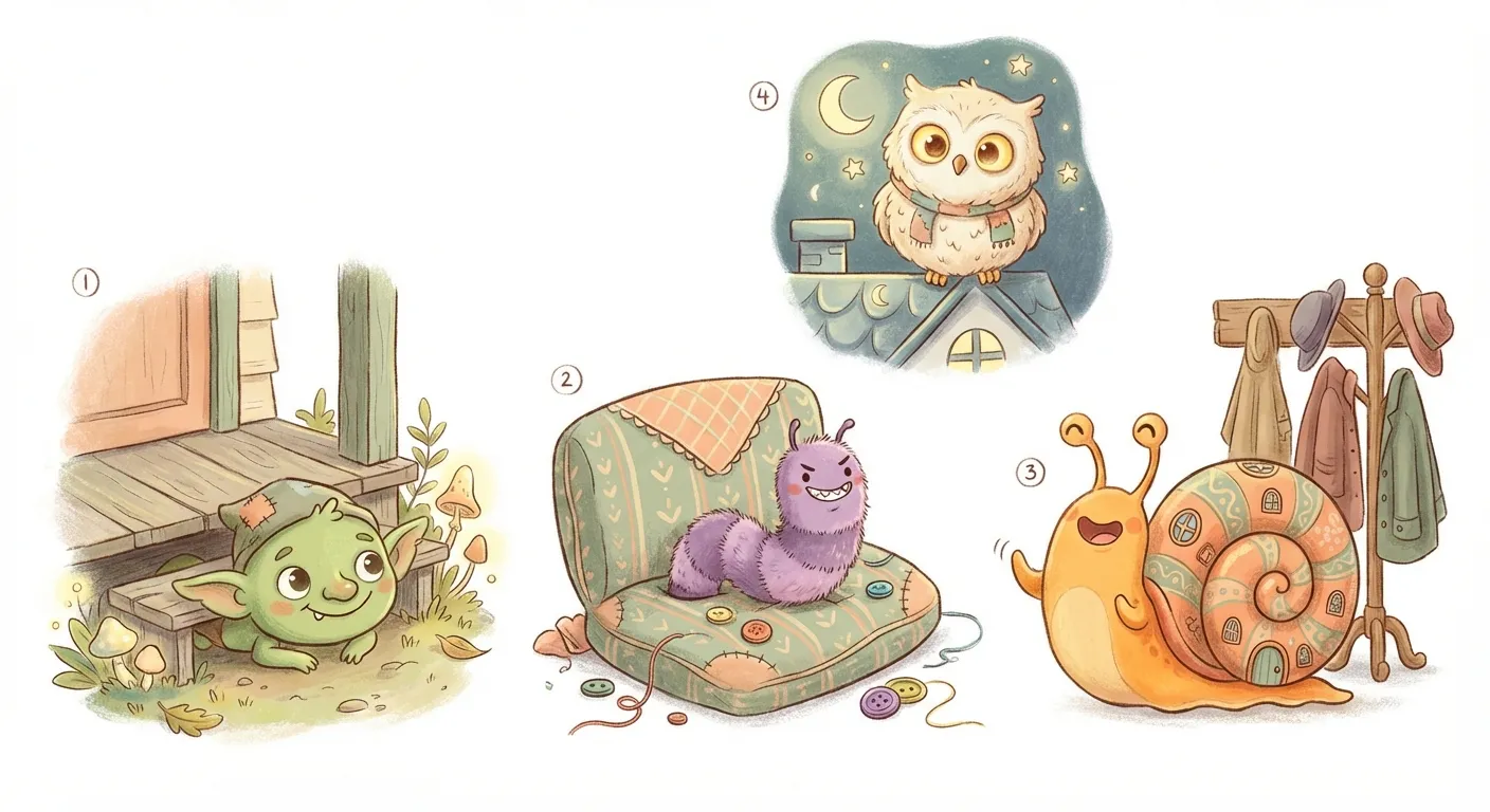 Illustration of four playful imaginary creatures: a goblin, a worm, a snail, and an owl