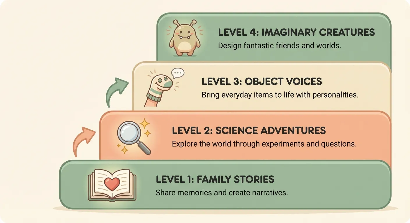 Diagram showing four levels of narrative nudges: family stories, science adventures, object voices, imaginary creatures