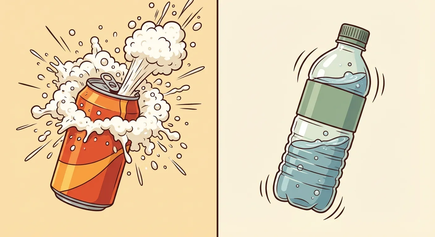Soda can exploding vs water bottle staying calm when shaken