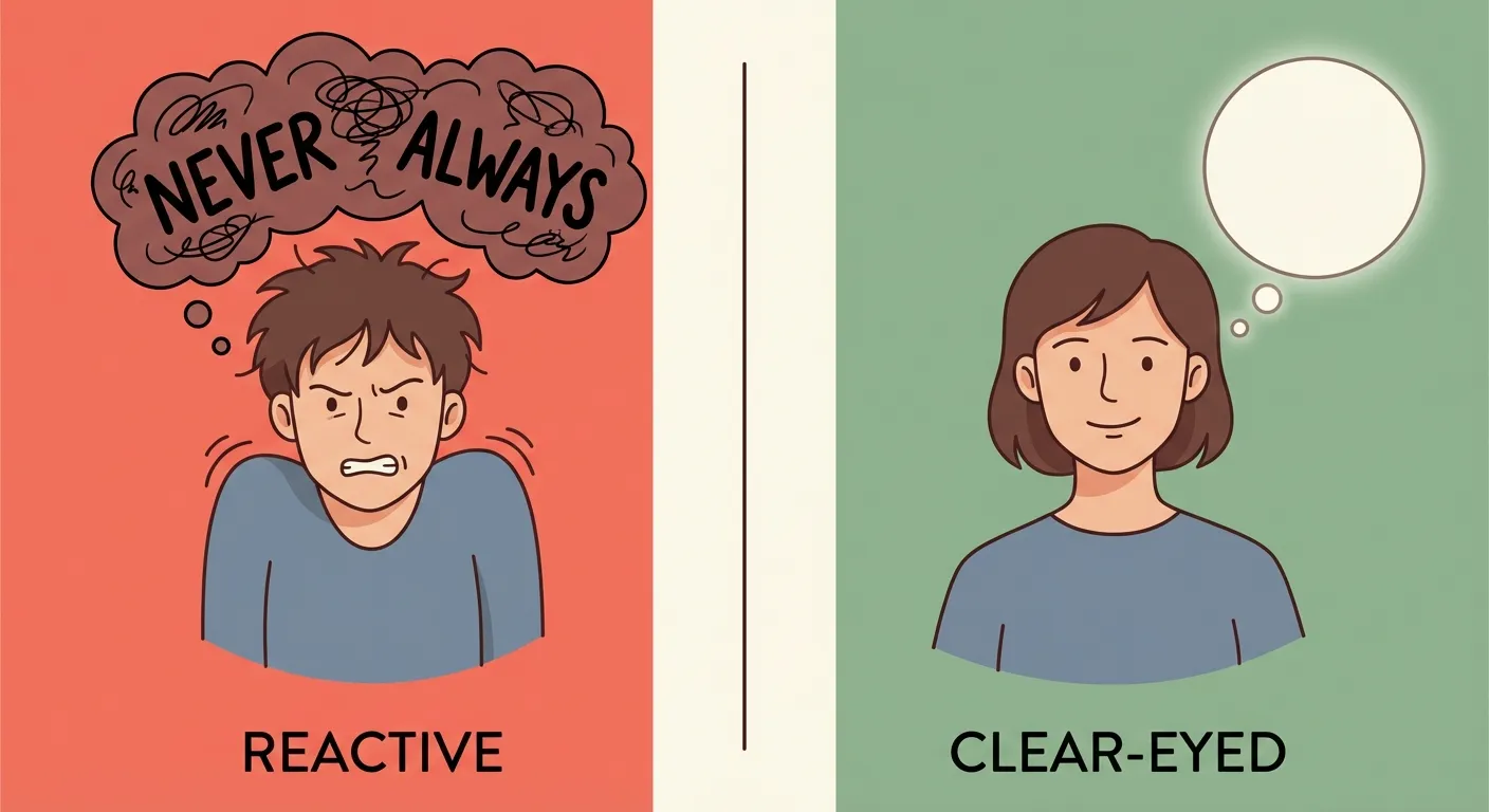 Split comparison: reactive parenting on the left, clear-eyed parenting on the right