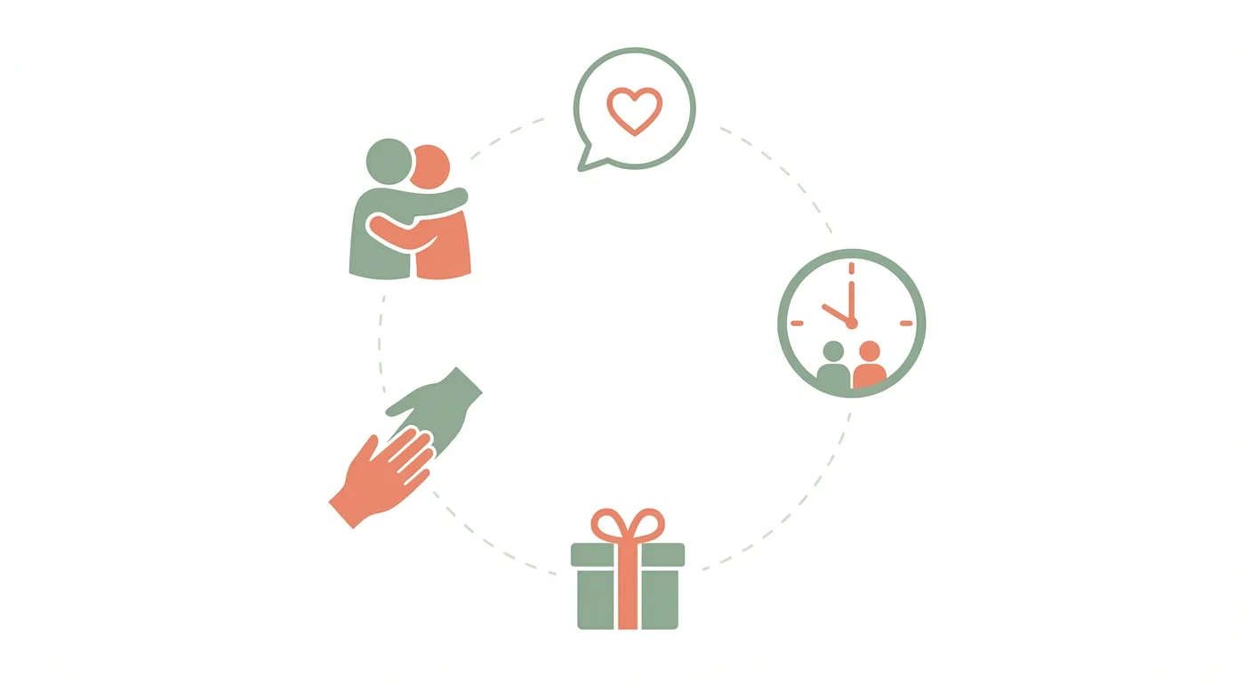 Diagram showing five connection styles: closeness, encouragement, togetherness, surprises, and helpful actions