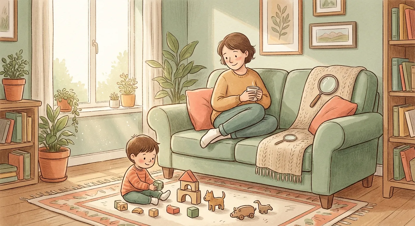Parent quietly observing their child playing, with a gentle detective-like attentiveness