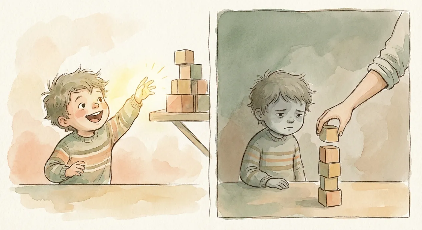 Before: child with bright determined expression. After: same child with dull, defeated look after adult did the task for them.