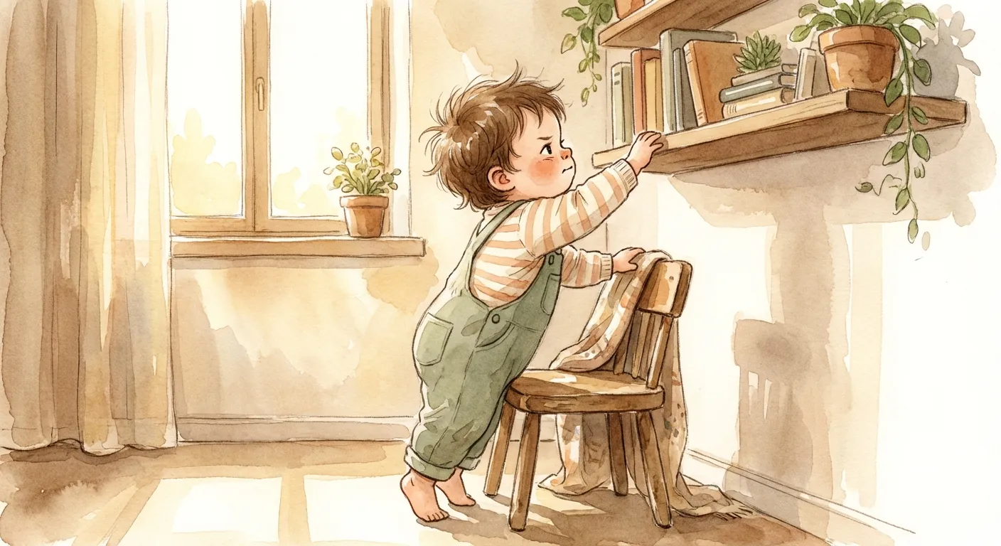 A determined toddler figuring out how to use a chair to reach something high