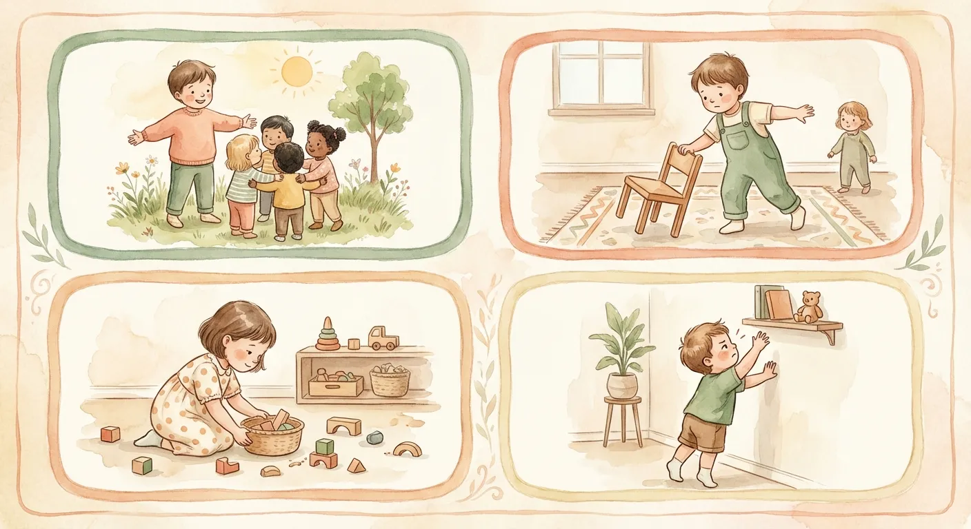 Four scenes showing children in purposeful activity that looks like misbehavior