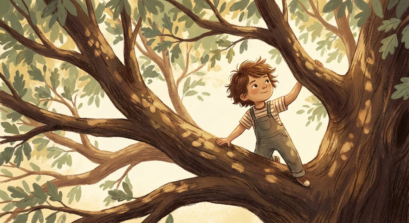 A confident child climbing high in a sunlit tree