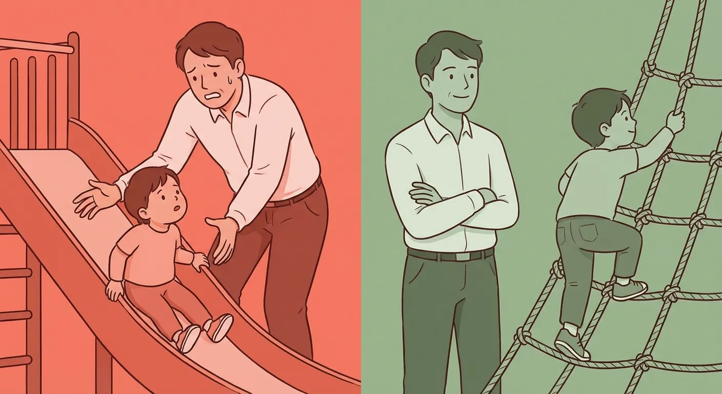 Side-by-side illustration: anxious hovering parent versus calm, present parent