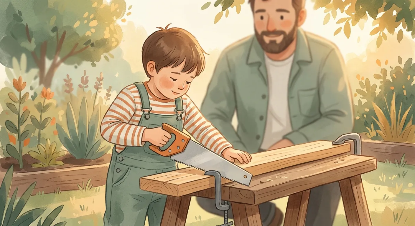 A focused child using a hand saw at a workbench while a calm parent watches from nearby