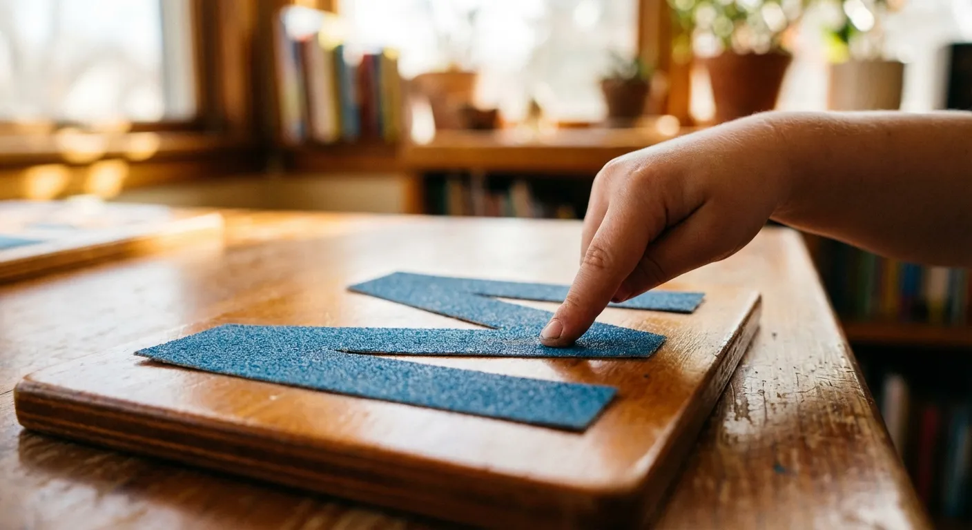 Child's hand tracing a sandpaper letter on a wooden board