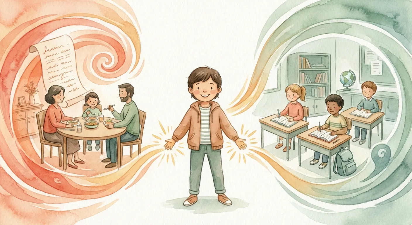 A child confidently navigating between two worlds, languages visible as colorful pathways