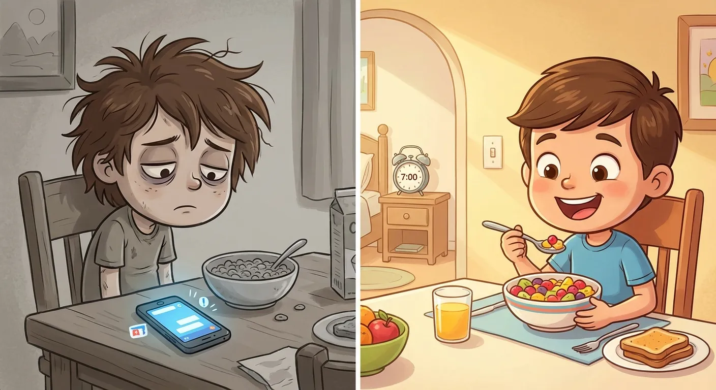 Before and after illustration: a tired kid with phone vs. an energized kid with alarm clock