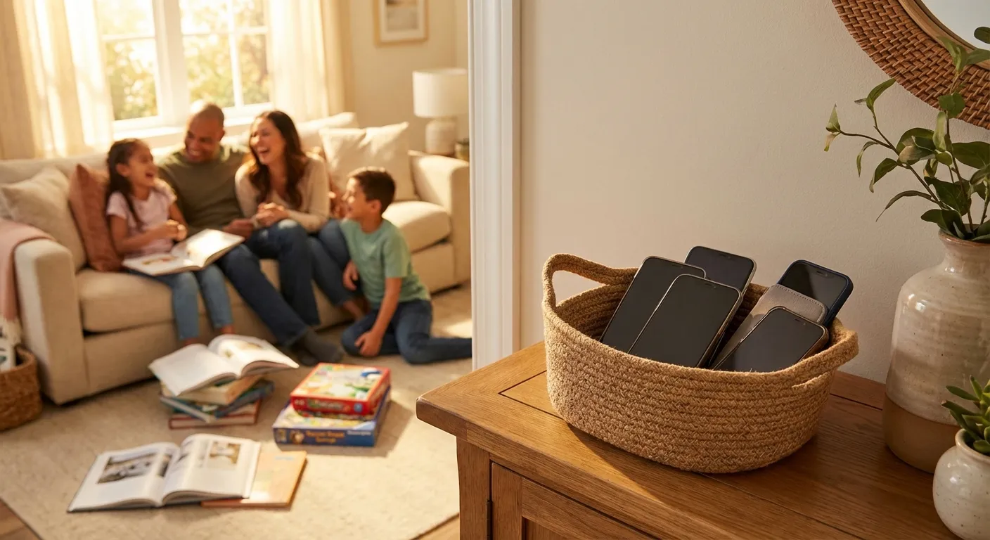 Smartphones placed in a woven basket on a hallway table while a family laughs together in the living room behind it