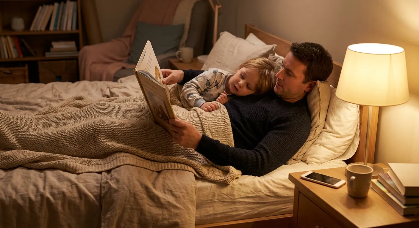 A parent and child reading a book together in warm lamplight with a phone set aside on the nightstand