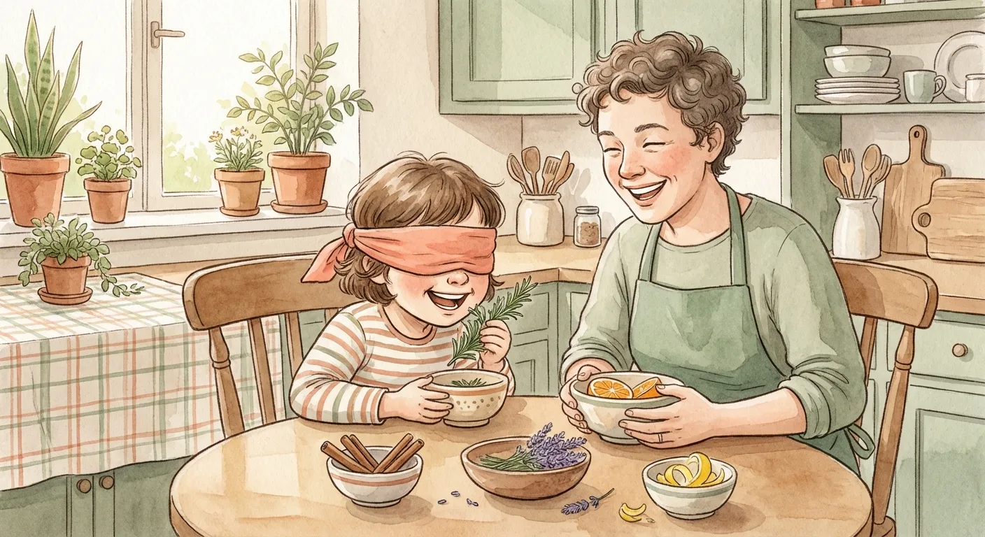 A parent and child at a kitchen table doing a blindfolded sensory game with bowls of herbs and fruit