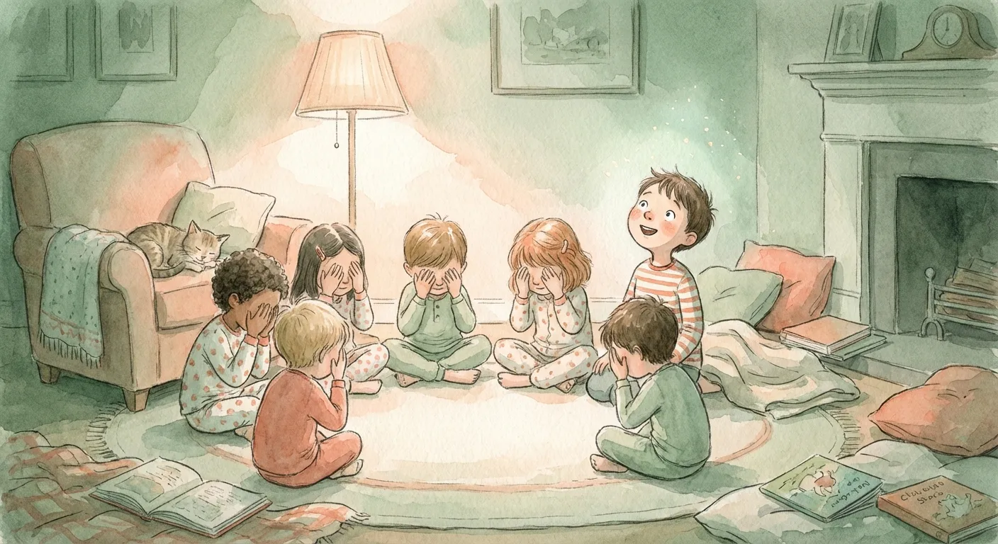 Children sitting in a dimly lit room with eyes covered, one child looking up with wonder after hearing a whisper