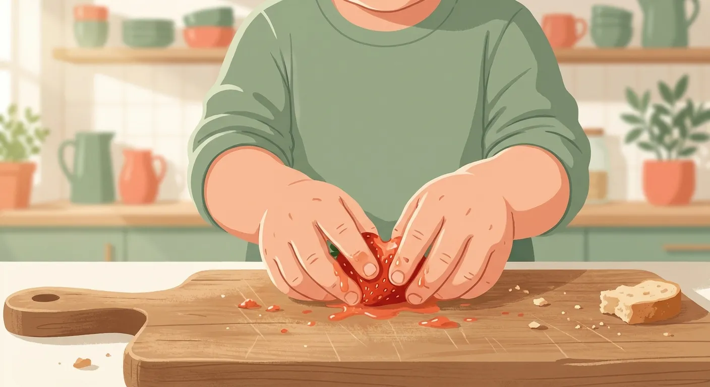 Child's hands exploring food texture on a cutting board