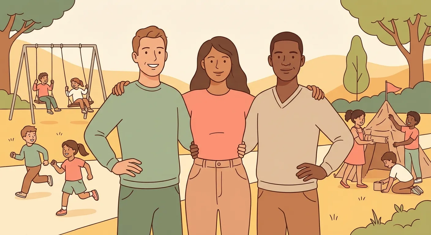 Parents standing together as a team while children play happily