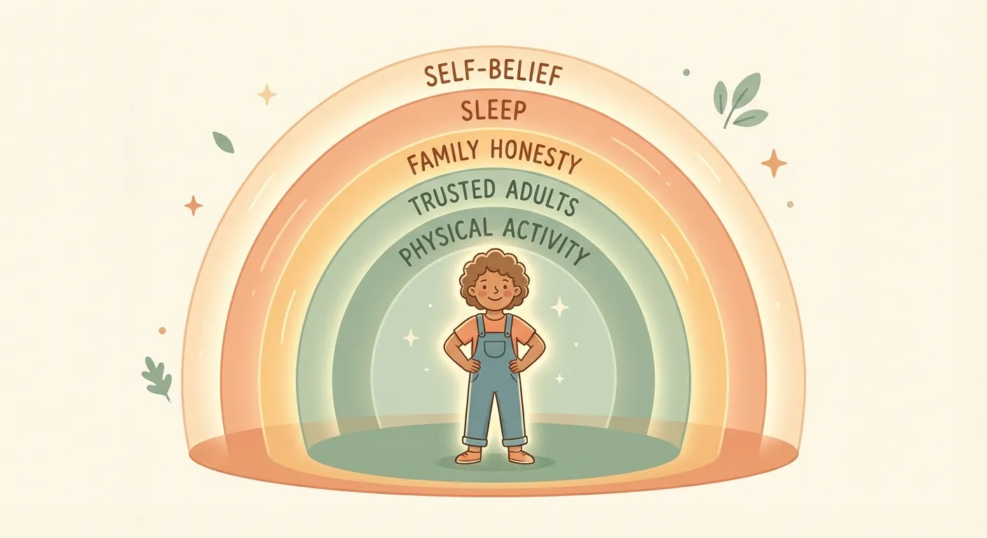 Illustration of a child surrounded by glowing layers of invisible protective factors