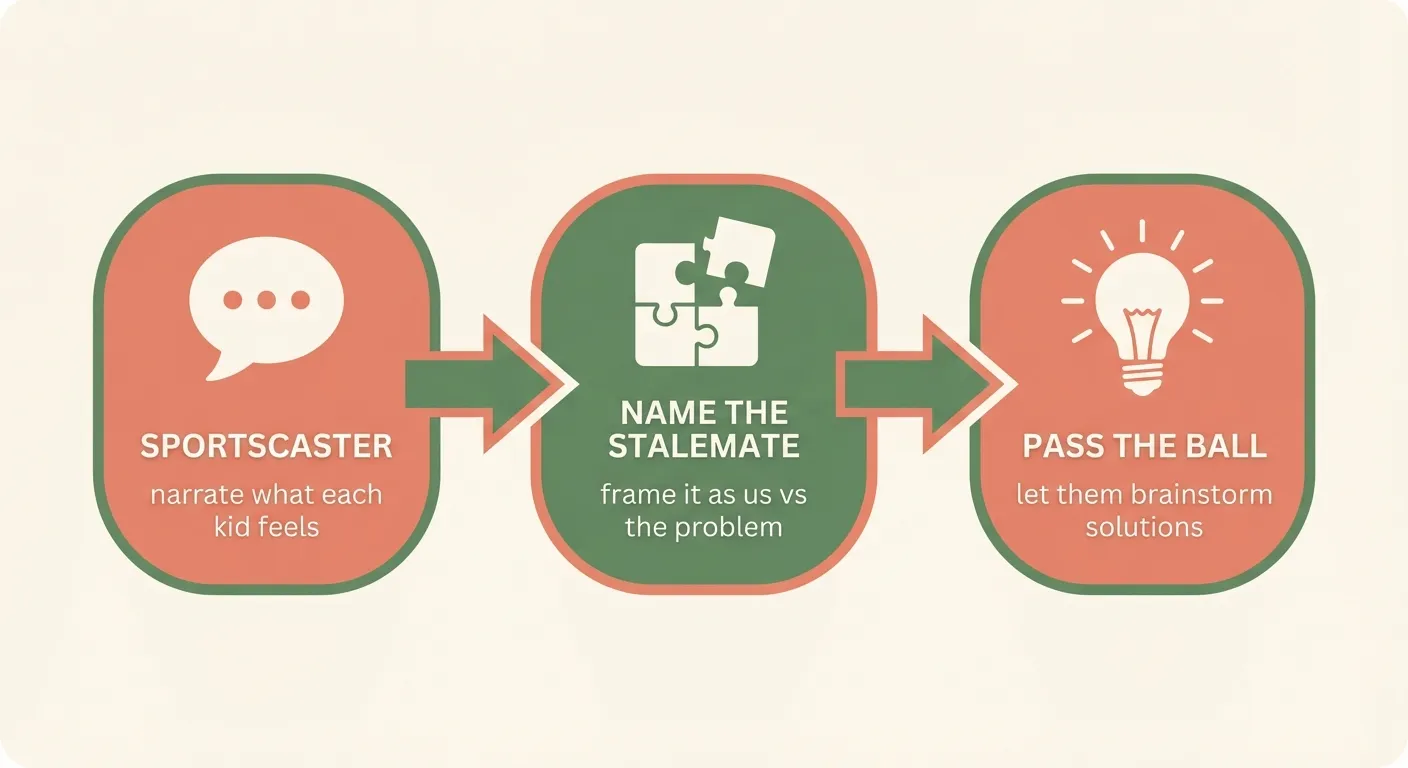 Three-step flow: Sportscaster, Name the Stalemate, Pass the Ball