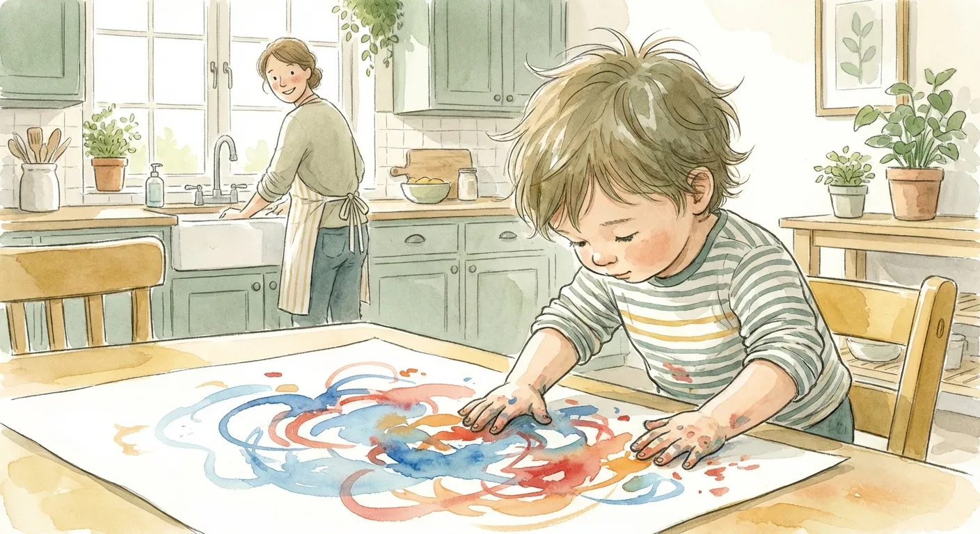 Child painting at a kitchen table while a parent works nearby, glancing over with a smile