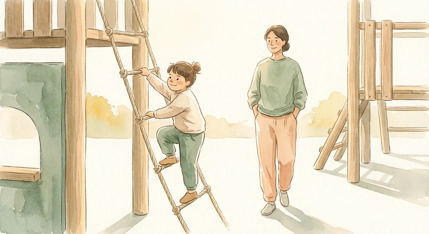 Parent watching child climb confidently at a playground, standing nearby with a relaxed smile