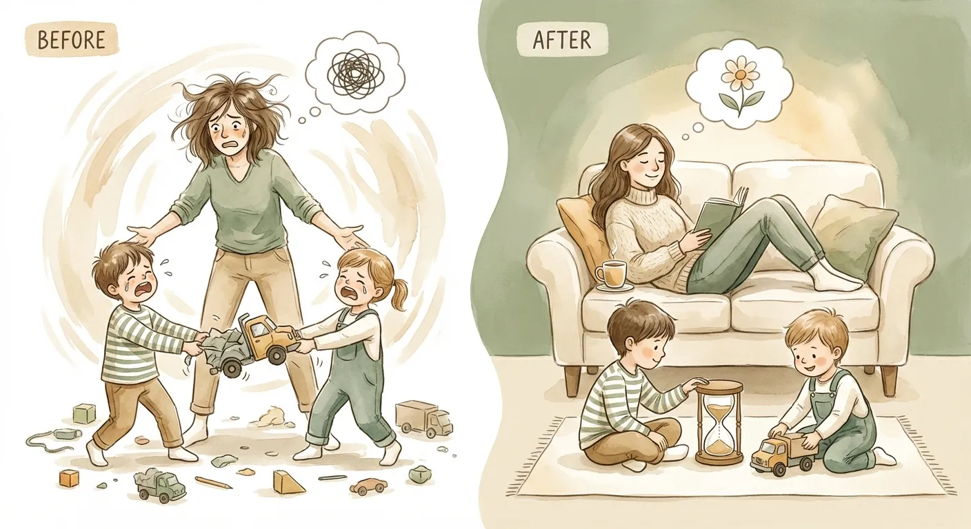 Before and after: stressed parent mediating toy fights versus parent relaxing while kids manage turns independently