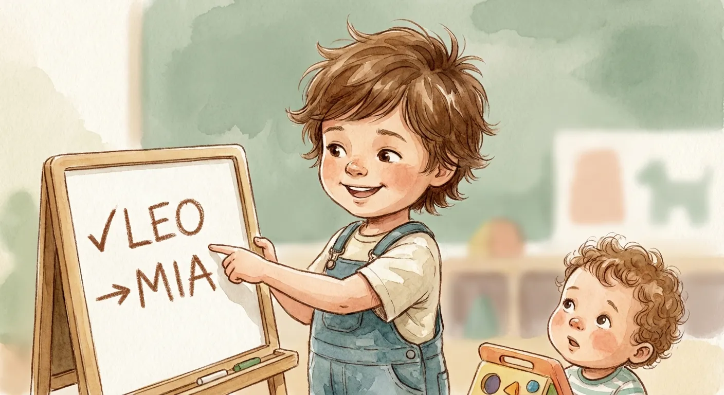 A young child confidently pointing to a whiteboard showing a turn-taking queue, looking proud and capable