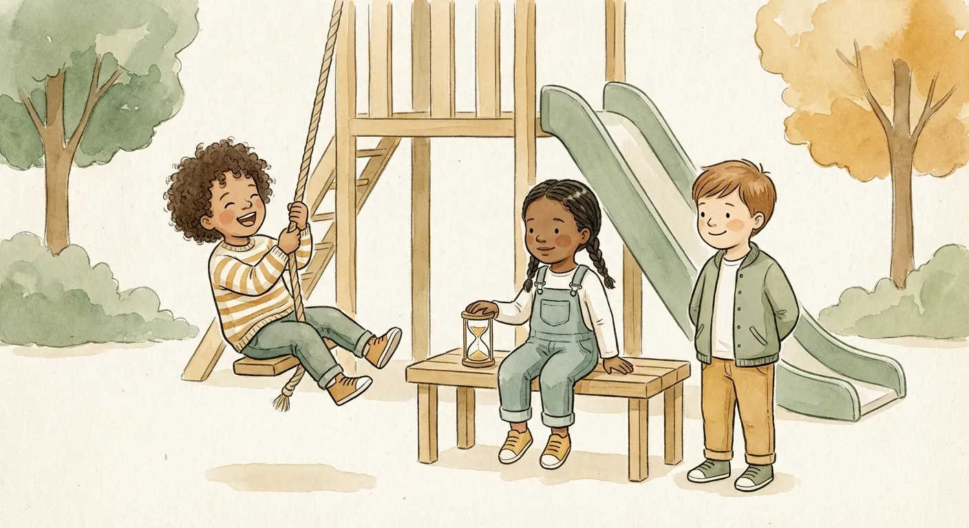 Children at a playground confidently managing their own turn-taking system with a timer, no adults needed