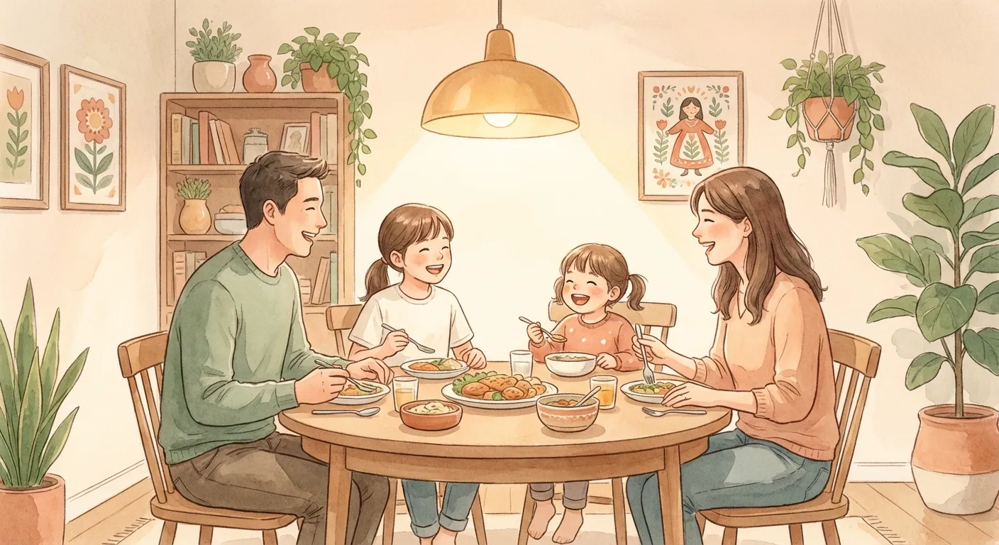 Family sharing a meal together, relaxed and connected